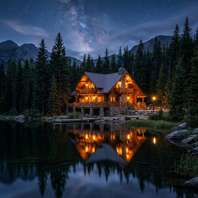 Cozy mountain lodge cabin nestled among tall pine trees with warm glowing lights at dusk, mountain lake reflection in foreground, starry twilight sky, rustic wooden architecture, professional photography